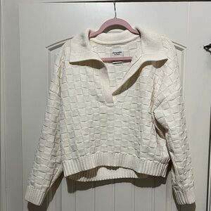 Abercrombie & Fitch Cream Textured V-Neck Collared Sweater